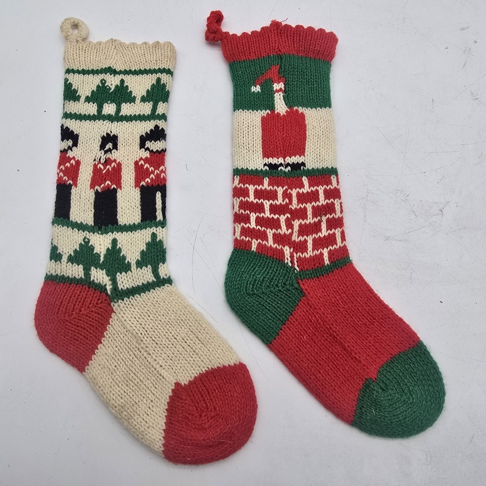 Vintage‎ Handmade Knit Christmas Stockings Santa Toy Soldier Hand-Knitted? WOOL